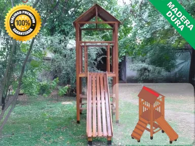 Juegos de Plaza. Mangrullos Infantiles de Madera con Tobogan y Hamacas