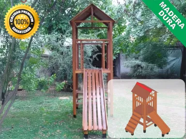 Juegos de Plaza. Mangrullos Infantiles de Madera con Tobogan y Hamacas