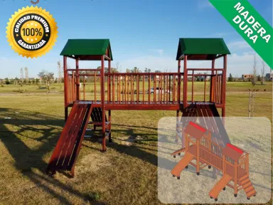 Juegos de Plaza. Mangrullos Infantiles de Madera con Tobogan y Hamacas