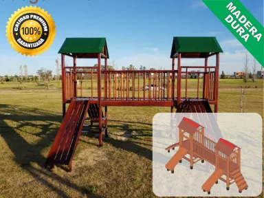 Juegos de Plaza. Mangrullos Infantiles de Madera con Tobogan y Hamacas