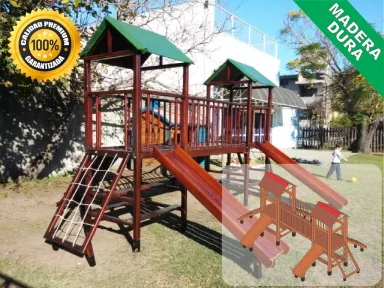 Juegos de Plaza. Mangrullos Infantiles de Madera con Tobogan y Hamacas
