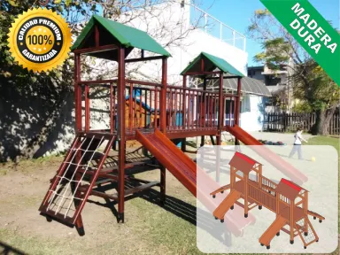 Juegos de Plaza. Mangrullos Infantiles de Madera con Tobogan y Hamacas
