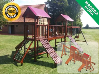 Juegos de Plaza. Mangrullos Infantiles de Madera con Tobogan y Hamacas