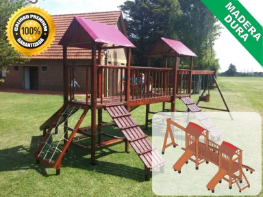 Juegos de Plaza. Mangrullos Infantiles de Madera con Tobogan y Hamacas