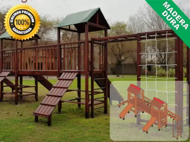 Juegos de Plaza. Mangrullos Infantiles de Madera con Tobogan y Hamacas