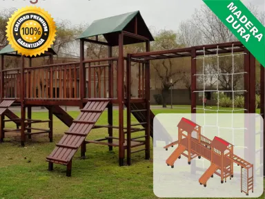 Juegos de Plaza. Mangrullos Infantiles de Madera con Tobogan y Hamacas