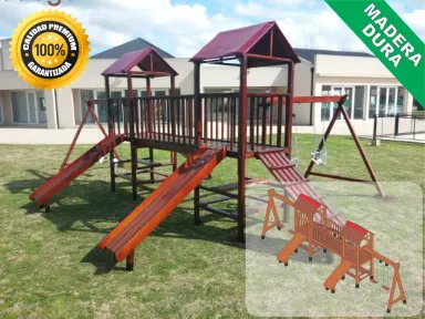 Juegos de Plaza. Mangrullos Infantiles de Madera con Tobogan y Hamacas