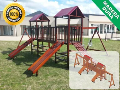 Juegos de Plaza. Mangrullos Infantiles de Madera con Tobogan y Hamacas