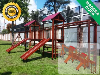 Juegos de Plaza. Mangrullos Infantiles de Madera con Tobogan y Hamacas