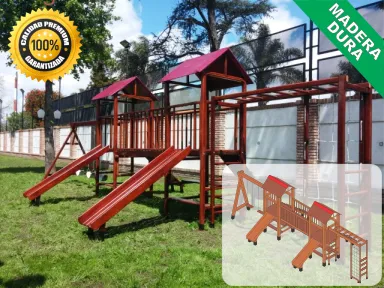 Juegos de Plaza. Mangrullos Infantiles de Madera con Tobogan y Hamacas