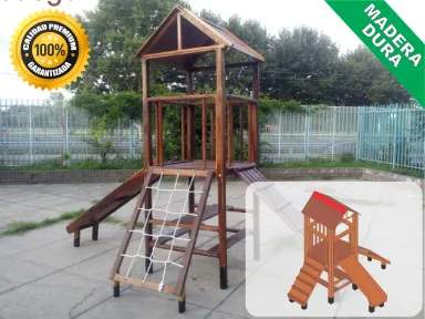 Juegos de Plaza. Mangrullos Infantiles de Madera con Tobogan y Hamacas