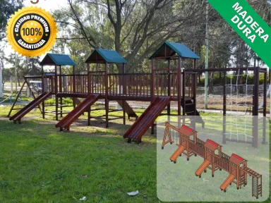 Juegos de Plaza. Mangrullos Infantiles de Madera con Tobogan y Hamacas