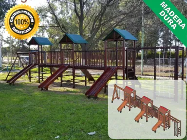 Juegos de Plaza. Mangrullos Infantiles de Madera con Tobogan y Hamacas