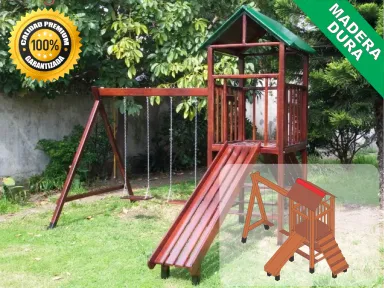 Juegos de Plaza. Mangrullos Infantiles de Madera con Tobogan y Hamacas