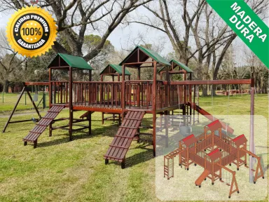 Juegos de Plaza. Mangrullos Infantiles de Madera con Tobogan y Hamacas