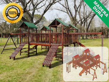 Juegos de Plaza. Mangrullos Infantiles de Madera con Tobogan y Hamacas