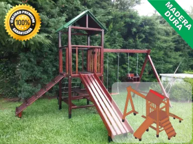 Juegos de Plaza. Mangrullos Infantiles de Madera con Tobogan y Hamacas