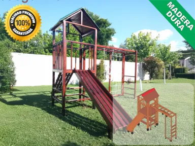 Juegos de Plaza. Mangrullos Infantiles de Madera con Tobogan y Hamacas