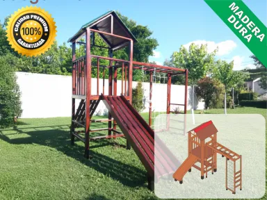 Juegos de Plaza. Mangrullos Infantiles de Madera con Tobogan y Hamacas