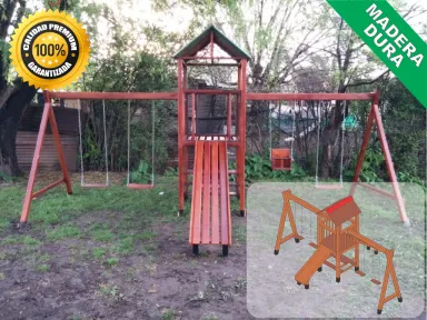 Juegos de Plaza. Mangrullos Infantiles de Madera con Tobogan y Hamacas