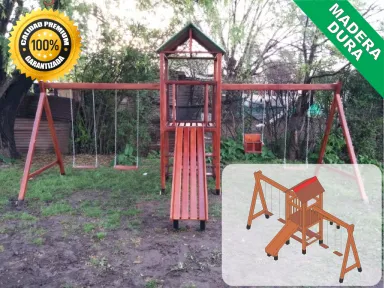 Juegos de Plaza. Mangrullos Infantiles de Madera con Tobogan y Hamacas