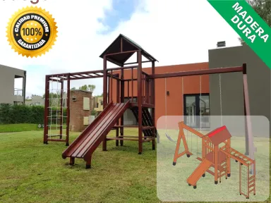 Juegos de Plaza. Mangrullos Infantiles de Madera con Tobogan y Hamacas
