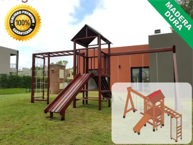 Juegos de Plaza. Mangrullos Infantiles de Madera con Tobogan y Hamacas