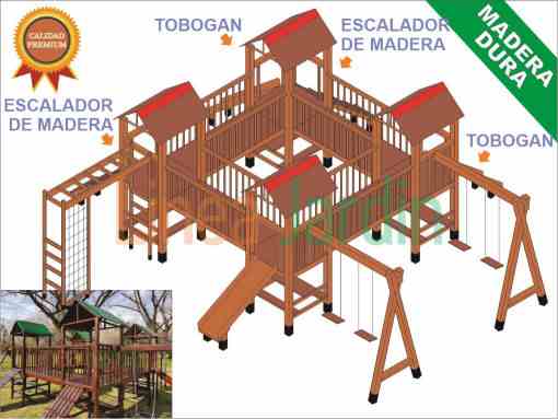 Juegos de Plaza. Mangrullos Infantiles de Madera con Tobogan y Hamacas