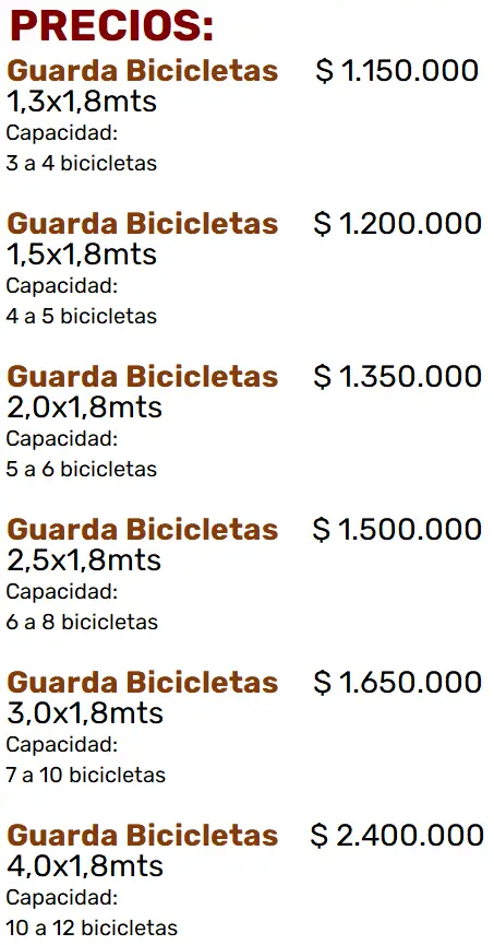 Lista de Precios - Guarda Bicicletas
