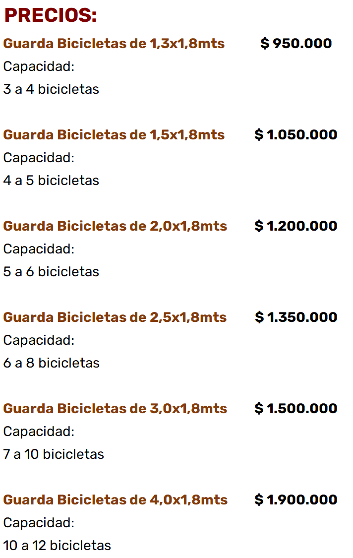 Lista de Precios - Guarda Bicicletas