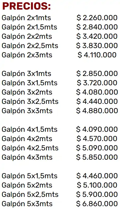 Lista de Precios - Galpones de Jardin